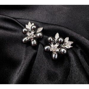 Vintage Nolan Miller Flower Clip-On Earrings W/ Rhinestones & Faux Black Pearls